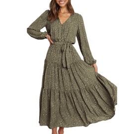 PRETTYGARDEN Womens Maxi Long Sleeve Boho Floral Dresses Fall Causal Wrap V Neck Ruffle Tiered Chiffon Flowy Long Dress(Green,Small)