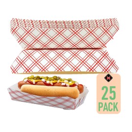 Mr Miracle 7 Inch Paper Hot Dog Tray in Red White Pattern. Pack of 25. Disposable, Recyclable and Fully Biodegradable. Made in USA