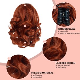HEWEICSY 9" Auburn Ponytail Extensions, Short Curly Clip in Ponytail Claw Hair Extension Natural Looking Synthetic Hairpiece for Women