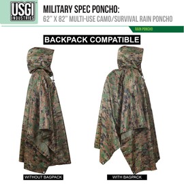 USGI Industries Military Style Poncho | Lightweight Tactical Multi Use Rip Stop Camouflage Rain Poncho | Perfect for Hiking, Hunting, Emergency Tent, Survival (Marpat)