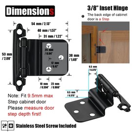 JQK 3/8 Inch Inset Cabinet Door Hinges Black, 4 Pack 2 Pairs Flush Face Mount Cupboard Self-Closing Kitchen Cabinet Hardware Hinges, CH201-BK-P4