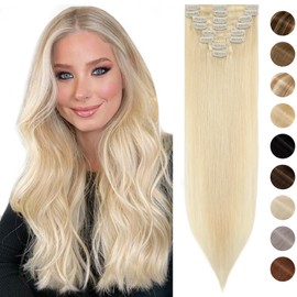 Silk-co Real Hair Extensions Hair Extensions Clip in Human Hair 8 Pieces Straight -Basic Thickness-Thin Weft- Remy Hair Extensions (18"-70g, 613 Bleach Blonde)