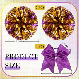 Hanaive 3 Pcs Cheerleading Pom Poms and Large Cheerleader Hair Bow Metallic Cheer Supplies for Team Spirit Sports Dance Cheering(Purple Gold,Glitter)