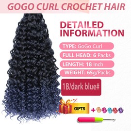 GoGo Curl Crochet Hair 18Inch 6Packs Curly Crochet Hair Water Wave Crotchet Braiding Hair (18 Inch (Pack of 6), 1B/Dark blue#)