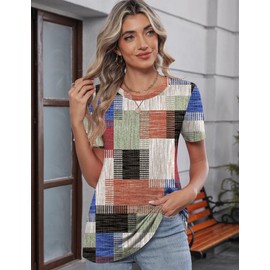 TCOT Women's Short Sleeve Crew Neck Tops for Women Spring Casual Floral Spring Clothes 2025 Pullover Shirts L