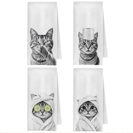 ChenCraty Funny Cat Bathroom Hand Towels Set of 4, Cat Bathroom Decor, Gifts for Cats Lovers Women Decorative Hand Towels for Bath Room Washroom Spa Decor, 16x24 Inches