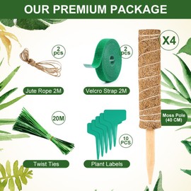 Vicloon Moss Stick, Pack of 4 40 cm Coconut Plant Sticks, with 5 Plant Labels, 1 Roll of Velcro Fastening, 94 Ropes, Coconut Rod for Plants Made of Natural Coconut Fibre, Coconut Trellis, Trellis