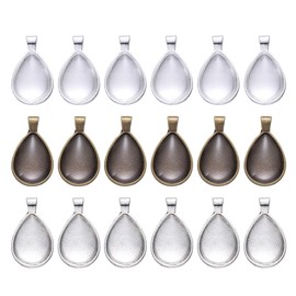TEHAUX 36pcs Pendant Trays with Glass Cabochons - Alloy Teardrop Pendant Trays Kit, Assorted Colors, Bezels for Resin Jewelry Making, Antique Silver/Bronze/Bright Silver