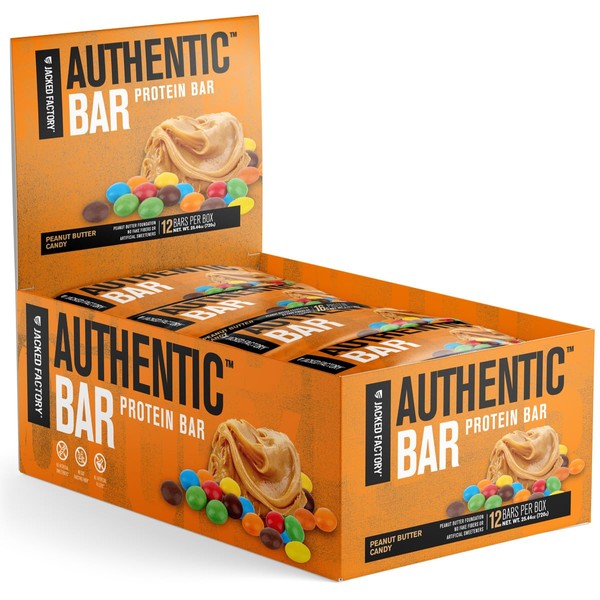 Authentic Bar Peanut Butter Candy Protein Bars - Tasty Meal Replacement Energy Bars w/ 16g Whey Protein Isolate, Natural Sugars from Pure Honey, Healthy Fat Peanut Butter Foundation - 12 Pack