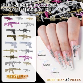 kikonoke 36 Pieces Gun Nail Charms with Rhinestones 3D Pink White Black Metal Nail Gems Gold Silver Nail Accessories Women Nail Decorations for Acrylic Nails DIY Nail Design Craft Jewelry Making