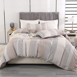 Qucover Single Duvet Cover, Soft Microfiber Striped Single Duvet Cover Set Lightweight and Breathable 2 Pieces Bedding Set with 1 Pillowcase, Zipper and Corner Ties (135x200cm+50x75*1, Beige Cream)