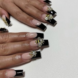 Long Press on Nails Black French Tip Fake Nails Cute Bees Rhinestone Coffin Nails Maple Rhinestone False Nails Glossy Nude Long Nails for Women Girls