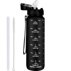 GOPPUS 1L/32oz Tritan Water Bottle with Straw Matte 1 Litre Sports Bottle with Time Markings Motivational Drinking Bottles with Measuring Reusable Gym Bottles Leakproof Bottles BPA Free for Men Women