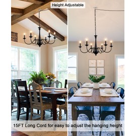 ZemSum Plug in Chandelier Lighting with Cord 15ft & On/Off Switch, Hanging Lights with Plug in Cord, 6 Light Black Farmhouse Chandelier for Dinging Room Living Room Kitchen Island Bedroom