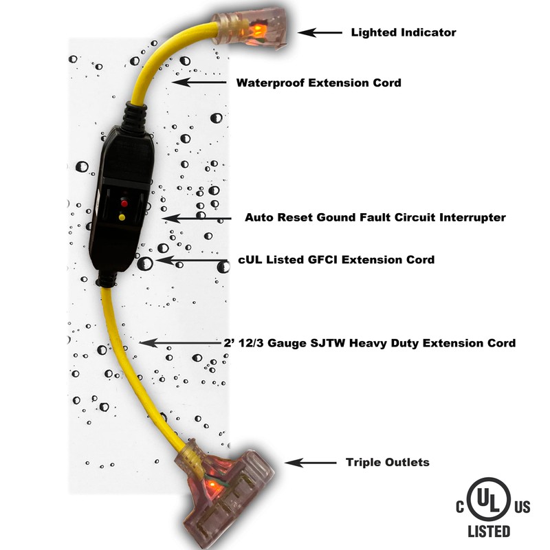 ShockGuard Portable GFCI Extension Cord | 2-Foot 12/3 Gauge SJTW