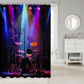 Feelyou Drum Kit Shower Curtain Rock Music Themed Bathroom Shower Curtain Set for Bathtubs Musical Pattern Bath Curtain Modern Instruments Print Waterproof Curtains Stalls Decor 72"x78"