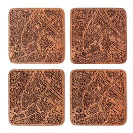 Vienna Map Coaster, Set Of 4, Sapele Wooden Coaster With City Map, Handmade