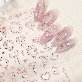 LBPEPAMZ 5D Embossed Nail Art Stickers 3D Self-Adhesive Bronzing Bow Heart Nail Stickers Romantic Rose Gold Nail Decals pink Pearl Star Love Nail Decals Nail Decoration for Women DIY Manicure Supplies