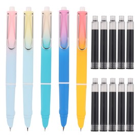 TOYMIS 5pcs Retractable Fountain Pens with 10pcs Ink sacs, Gradient Color Push Type Refillable Fountain Pens Anti-Skidding Inkless Writing Pen for Family School Office Writing