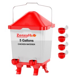 ZenxyHoC 5.0 Gallons Chicken Waterer Bucket with 4 Double-Layer Waterer Cups, Adjustable Heights and Anti Roost Cone