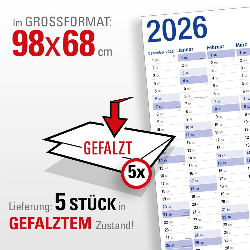Yohmoe® XXL Wall Calendar 2026 Large (98 x 68 cm)