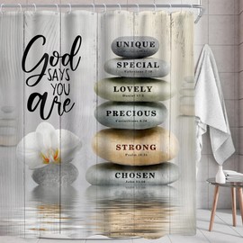 AMBZEK Bible Verse Scripture Shower Curtain 72Wx84L Inch Yellow Christian Zen Stone Spa Meditation Relaxing Asian Lotus Artwork Fabric Waterproof Polyester Bathroom Decor Set with 12 Pack Hooks