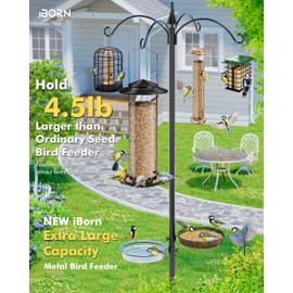 iBorn Metal Bird Feeder for Outside Hanging,Wild Bird Feeders for Cardinal,18cm Large Roof&Black,42CM Long,4.5lb High-Capacity(Seed is not Included)