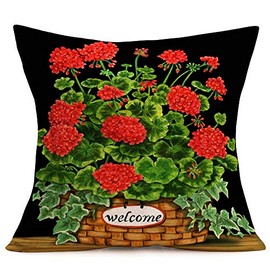 ShareJ Red Geranium Flowers Throw Pillow Covers Potted Plants with Welcome Words Pattern Cotton Linen Pillow Cases Outoor Garden Chair Decorative Cushion Cover 18"X18"