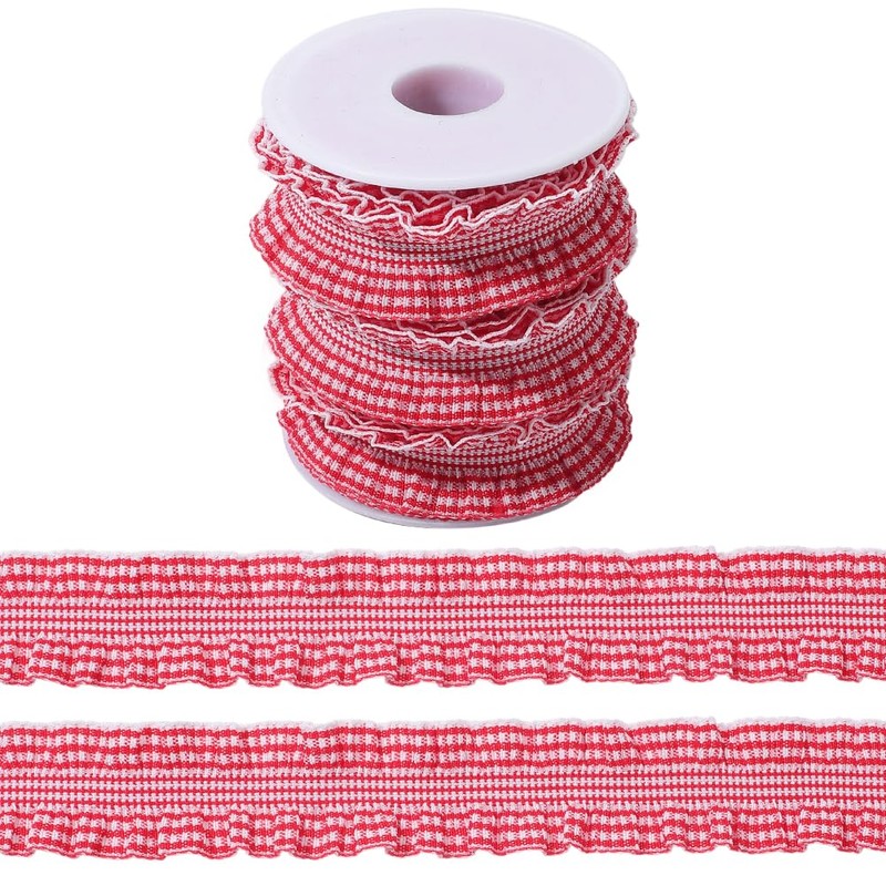 CABODYALS 10 Yards 1 Inch Red White Gingham Double Ruffle