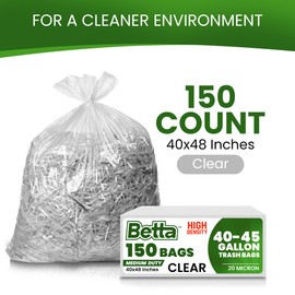 Betta 40-45 Gallon Clear High-Density Trash Bags, 150 Count Box, (40x48-inch) Commercial Medium-Duty Garbage Can Liners