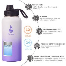Farsea Insulated Water Bottle With Paracord Handle, Protective Silicone Boot and 2 Lids (Straw Lid & Spout Lid), Stainless Steel Water Bottle Wide Mouth, Double Wall Sweat-Proof BPA-Free, 32 oz