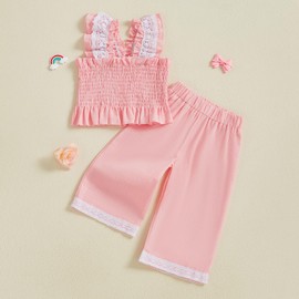 Toddler Baby Girl Summer Outfits Lace Trim Smocked Sleeveless Tank Tops T-Shirt Vest Shirts with Elastic Waist Long Pants Sets 2Pcs Solid Color Clothes for Little Girls (Pink, 12-18 Months)