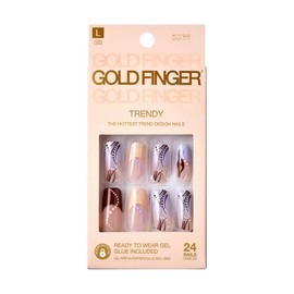 GoldFinger Trendy False Nails Kit, Long Squoval Design Nail, Playful Simple Artistic Sheer Nude Print, Ready to Wear Gel & Manicure Stick included, Long-Lasting Convenient & Easy to Apply