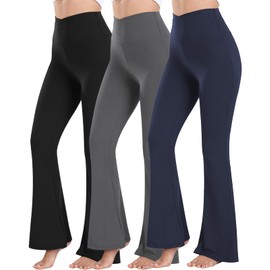 Ridshy Women's High Waisted Flare Yoga Pants 3 Pack Tummy Control Bootcut Leggings for Gym V Crossover Workout Soft Stretchy Lounge Pants Black/Navy/Grey Small