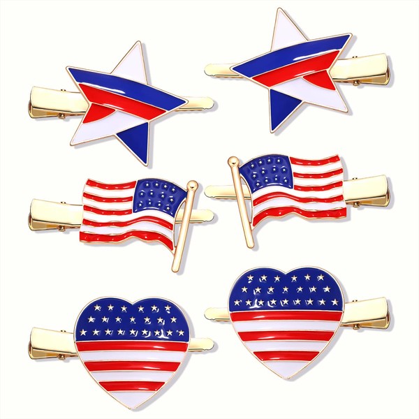Boderier 6 Pack American Flag Hair Clips Enamel Rhinestone USA Flag Stars Heart Patriotic Hair Clips 4th of July Hairpin Hair Barrette Memorial Independence Day Hair Accessories Gifts Enamel