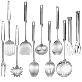 304 18/8 Stainless Steel Kitchen Utensils Set 11 Pcs Long Cooking Utensil, Spatula, Soup spoon, Leaking shovel, Ladle, Tunner, Pasta Server, Meat Fork, Tongs Kitchen Tools Set (11 Pieces Set)