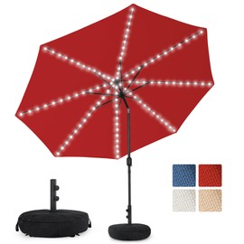Sundale Outdoor Solar 104 LED 11 ft Patio Umbrella with Sand Bag Umbrella Base, Outdoor Umbrella with Tilt and Crank, Red