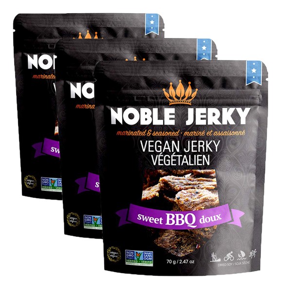 Noble Jerky - Vegan, Vegetarian, Plant Based Snacks, 70 Gram Bags, ( 3 Bags ) (BBQ)