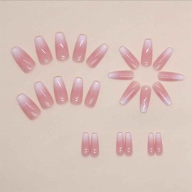 French Tip Nails Long Press on Nails Coffin Fake Nails Pink Nails Glossy Nails for Women 24 PCS/Set