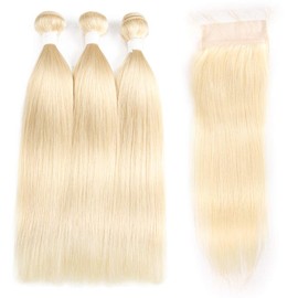 X-TRESS Brazilian Remy Human Hair 613 Blonde 3 Straight Bundles With Closure (18 20 22+C16)…