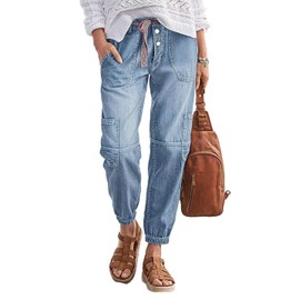Flamingals Straight Leg Button Fly Jeans for Women Multi Pocket Mid Rise Jeans Without Belt Denim Pants Light Blue XL