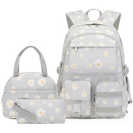 Classic Diamond Daisy Backpack for School Backpack for Girls Backpack with Lunch Box Bookbag Set Backpacks for Teen Girls (Grey)