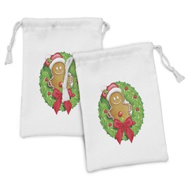 Ambesonne Gingerbread Man Fabric Pouch Set of 2, Cartoon Christmas Wreath with Gingerbread Man Funny Happy Season, Small Drawstring Bag for Toiletries Masks and Favors, 9" x 6", Green Red Pale Brown