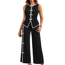 winkbay Women's 2 Piece Outfit Button Front Crew Neck Vest Top and Straight Leg Pants Elegant Set Black Large