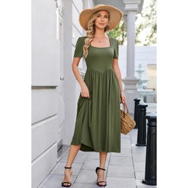 Newshows Womens Summer Dress 2024 Casual Short Sleeve Square Neck Midi Sundress Business Work Church Teacher Dresses(Army Green,M)