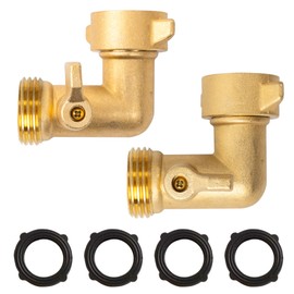 Xiny Tool 90 Degree Garden Hose Adapter with Shut Off Valves, 3/4" Solid Brass Garden Hose Elbow Connector with 4 Extra Pressure Washers, 2 Pack