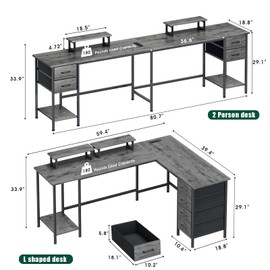 Korfile 59 inch L Shaped Computer Desk with Power Outlets, Home Office Desk with 4 Adjustable Storage Drawers & 2 Monitor Stands, Two Person Gaming Table for Bedroom, Grey
