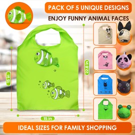 5Pcs Cute Reusable Grocery Bags in Pouch - Animal Bag Reusable Bags With Handles Reusable Shopping Bags Foldable Tote Bag in Bag Washable Grocery Bags Foldable Reusable Shopping Bag Mini Reusable Bag
