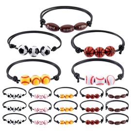 AHANDMAKER 20pcs Sports Party Favors Charm Bracelets, 5 Styles Sport Beads Ball Adjustable weave Rope Basketball Tennis Rugby Football Wristbands Inspirational for Party Favors Gift for Team