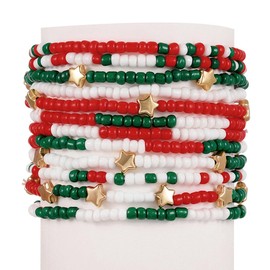 Pingyongchang Cute Xmas Beads Bracelets Set Red Green White Boho Stackable Adjustable Multi Layer Bangle Bracelet for Women Men as Christmas Party Vacation Friendship Gifts-12pcs
